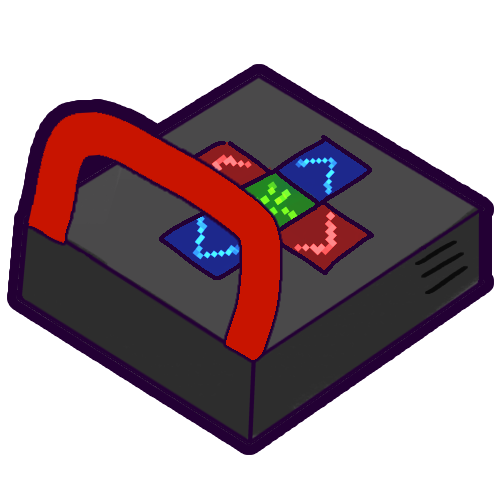 : A drawing of a dance pad for rhythm games, like those seen in arcades. It is a dark gray raised platform with a red handlebar at the back and five large buttons, each corresponding to a specific direction.